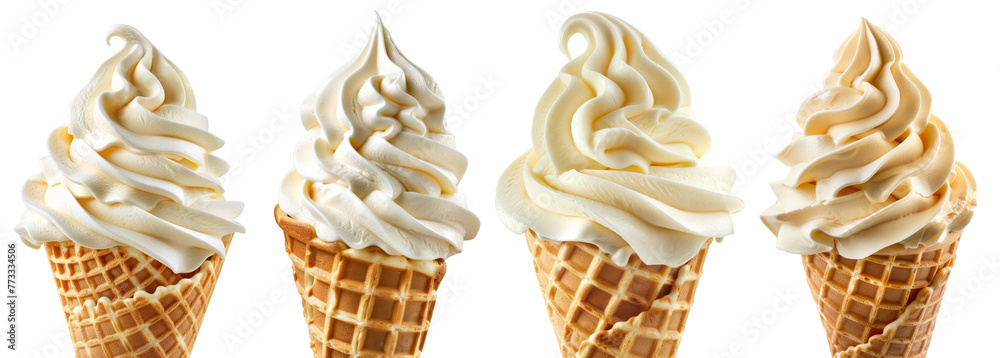 Soft serve vanilla Ice cream swirl on waffle cone on transparent ...
