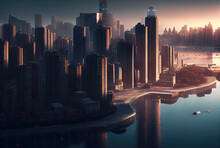 Beautiful Cityscape Aerial View Of Manhattan With Sunlight In The Sunset Background. Downtown And Tourism Concept. Generative AI