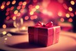 Celebrate gift box on the table with defocused bokeh light background. New year event and Christmas celebration concept. Generative AI