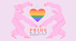 Cheerful characters with rainbow lgbtq heart celebrate pride month or day vector illustration. LGBTQ support festival or event social media banner or post template, greeting card on pink background