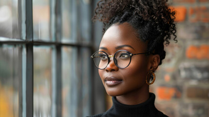 Poster - A woman with glasses and a curly hairstyle is looking out of a window. She is deep in thought. a middle aged black woman, full body, looking away to side