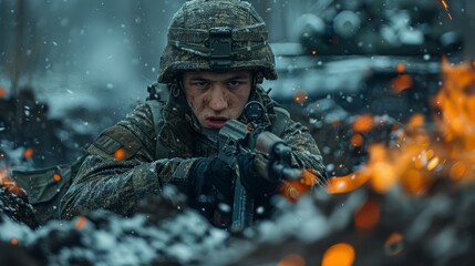 Wall Mural - A soldier with a machine gun in a trench in a combat position during a combat mission in winter