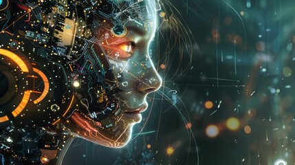 Aufkleber - A woman's face is shown in a futuristic style with a lot of technology. The image has a futuristic and technological vibe, with the woman's face being the main focus