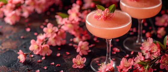   A tight shot of two wine glasses, brimming with a beverage, adorned by pink blossoms on a table