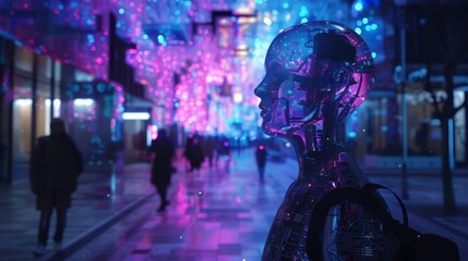 Aufkleber - A person is standing in the middle of a city street with a backpack on. The scene is illuminated with bright lights and the person's head is made of metal