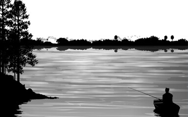 Riverland Landscape silhouette horizontal beautiful scenery Rural natural landscape panormic horizontal view fishing alone on a boat web background wallpaper poster cover paper black and white