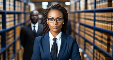 Wall Mural - Portrait, lawyer and young black woman in office workplace. African attorney, technology and face of professional, female advocate and legal advisor in law firm.