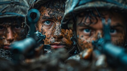 Wall Mural - A group of soldiers with weapons in a trench in a combat position during a combat mission