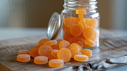 Discover the vibrant allure of orange vitamin fiber gummies in a transparent glass bottle. Elevate your health with delicious and nutritious supplements