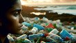 Intimate closeup of a womans expression, sorrowful amidst a landscape of plastic debris, highlighting the emotional toll of environmental neglect