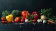 Fresh vegetables on a black natural background. tomatoes, potatoes, paprika garlic and herbs. Copy space for text. Generative ai.