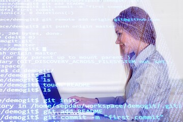 Wall Mural - code hologram and business woman thinking cybersecurity research