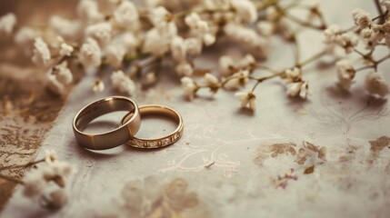 Wedding rings and flowers on beautiful background