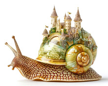 Enchanted Snail With A Fairy-tale Castle On Its Shell, Carrying A Welcome Sign For Whimsical Tales