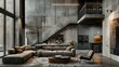 Contemporary living room interior design featuring a loft. Villa with a wall made of concrete.