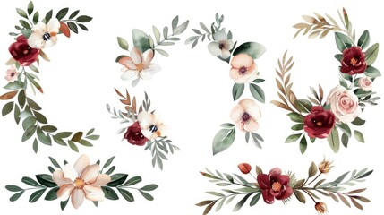 Wall Mural - A collection of watercolor floral wreath border bouquet frames with green leaves