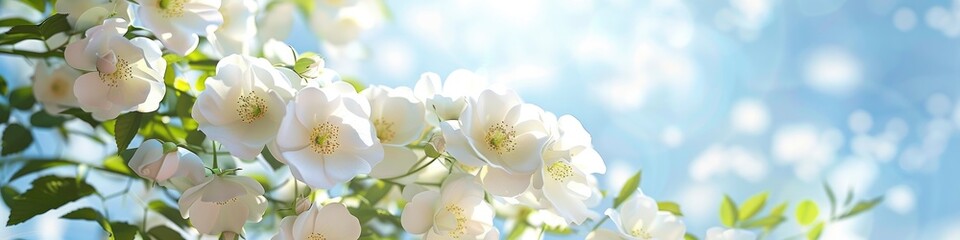 A sunny day, White beautiful flowers with a clear blue sky background.