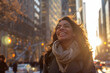 Urban Joy in Sunset Light. A radiant professional revels in a moment of joy, her laughter echoing the vibrant energy of the bustling city at sunset