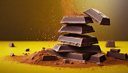 Sticker - Dark chocolate bars on yellow background with falling cocoa powder.
