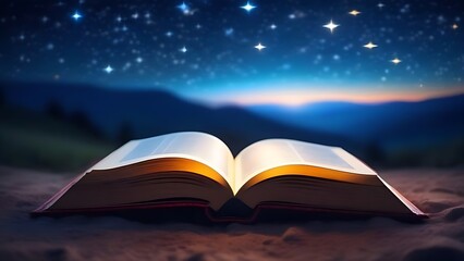 Wall Mural - Open mystic book, night star sky background