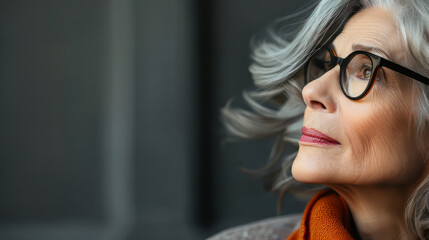 A woman with glasses and a red scarf is looking out the window. She is deep in thought. we see a modern looking older woman in profile.