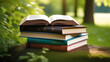 Books stack in nature, outdoor