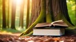 Books by tree in forest, nature outdoors