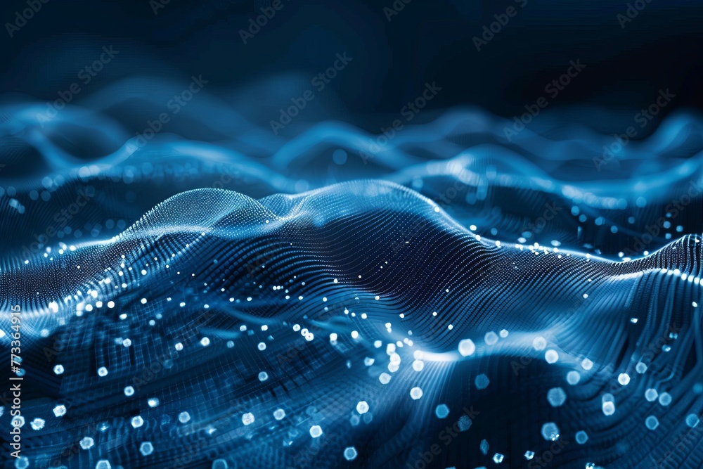 Abstract tech background with blue data wave and network pattern. High ...