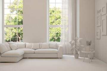 Grey living room concept with sofa and summer landscape in window. Scandinavian interior design. 3D illustration