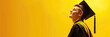 International Student's Day, world, portrait of a beautiful European student guy in an academic cap, horizontal banner, yellow background