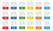 © Irina Shats - File type icons. Pdf, doc and xls document formats. Zip and jpg file extensions. Mp3, txt, exe, rar and gif files. Avi, mov, apk, eps and png file icons. Dwg drawing, ppt presentation