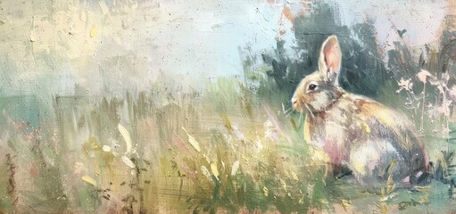 Wall Mural - A lonely bunny at spring field oil painted, pastle colour painted vintage painting