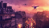 Fototapeta  - A fleet of drones flies above a bustling city street against a vivid dusk sky