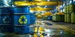 Radioactive waste barrels with hazard symbols in secure industrial facility. Concept Industrial Waste Management, Hazardous Materials, Safety Protocols, Contamination Prevention, Secure Disposal