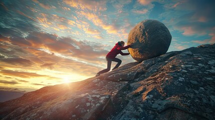 witness the determination of a businessman pushing a colossal stone uphill, symbolizing the unwaveri