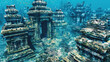 An underwater city lies beneath the waves of the ocean, showcasing architectural remnants amid marine life