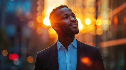 Happy wealthy rich successful black businessman standing in big city modern skyscrapers street on sunset thinking of successful vision, dreaming of new investment opportunities