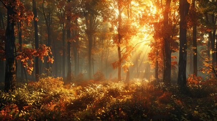 Aufkleber - A forest with trees in the foreground and background. The sun is shining through the trees, creating a warm and peaceful atmosphere