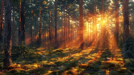 Aufkleber - A forest with a sun shining through the trees. The sun is casting a warm glow on the forest floor