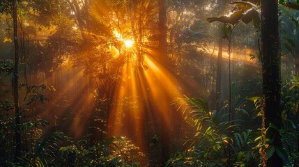Aufkleber - A sun is shining through the trees, casting a warm glow on the forest floor. The light is bright and inviting, creating a peaceful and serene atmosphere