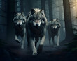 © Wazir Design - Three wolves in the dark forest. Halloween concept.