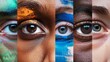 Collage of close-up male and female eyes isolated. Multicolored stripes. Concept of equality, unification of all nations, ages and interests. Diversity and human rights