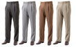 Three mens dress pants in different colors displayed elegantly
