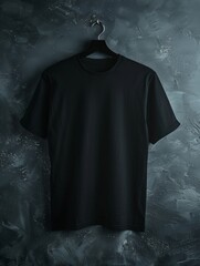 Wall Mural - A black t-shirt is hanging on a plain wall, creating a simple and minimalist display