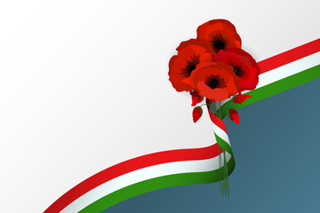 Wall Mural - Italian flag ribbon with poppies flowers banner, background, poster, card,  template, layout. Italy National holiday	promo