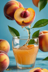 Wall Mural - Freshly squeezed organic peach juice in glass and fresh fruits with leaves on light blue background.