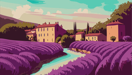 French landscape with houses, river and lavender, delicate pastel colors