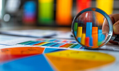 Poster - Magnifying glass focusing on colorful bar graph and pie chart data visualization on financial reports, analyzing business statistics and performance indicators.