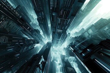 Poster - Dynamic cityscape with futuristic skyscrapers, An energetic city skyline dominated by sleek and futuristic skyscrapers.