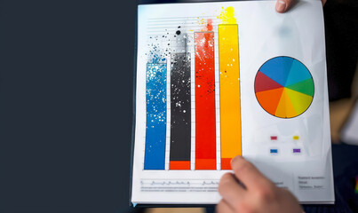 Poster - Business Analysis and Strategy Planning with Colorful Bar Graphs and Pie Chart on Paper, Analyst Typing in Background